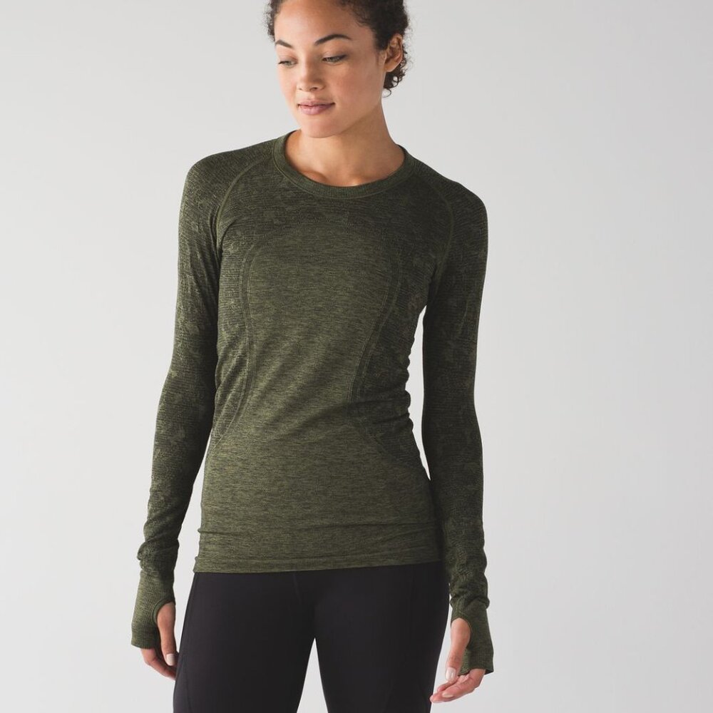 lululemon athletica Swiftly Long Sleeve Crew Black/Brave Olive Sz 10